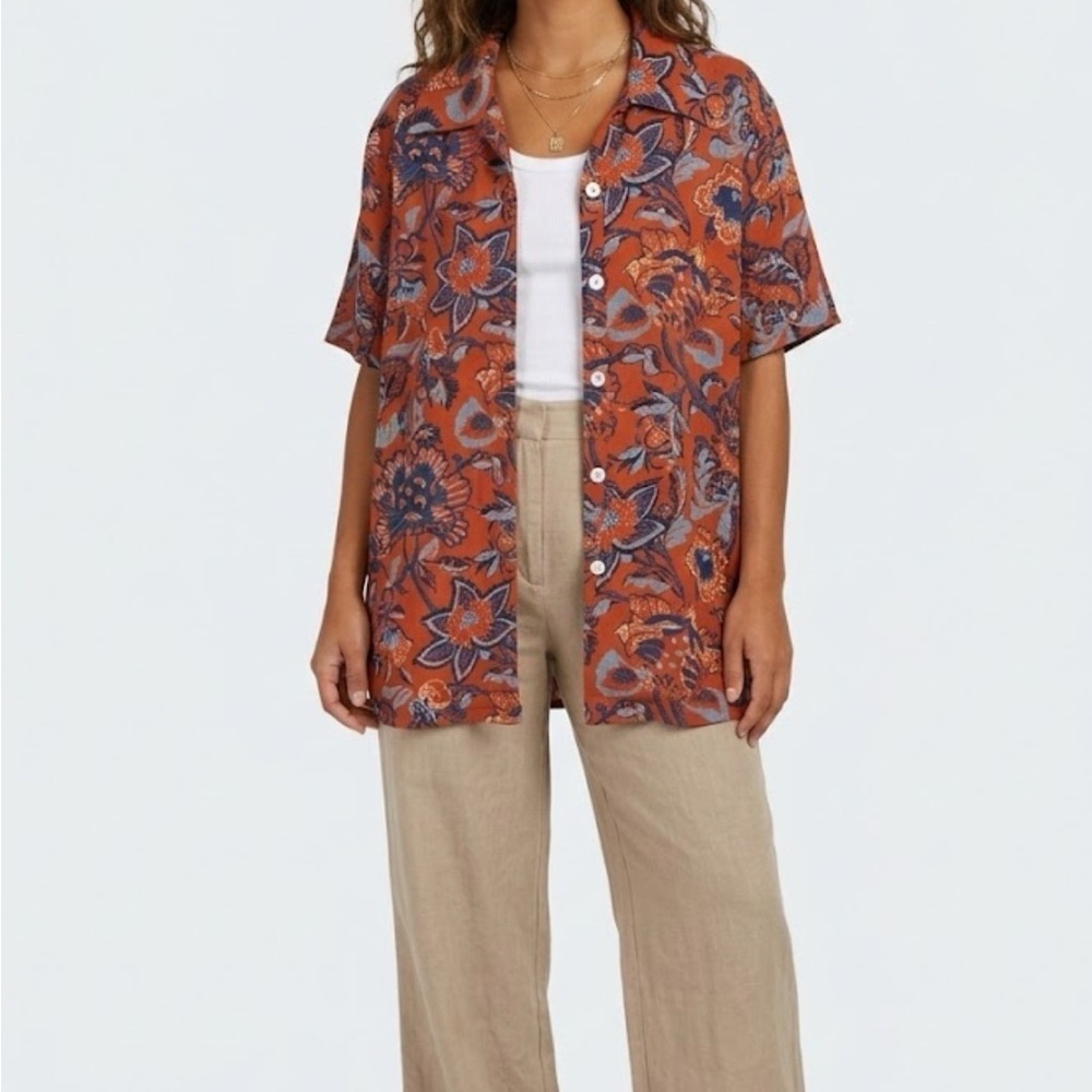 MAXOU Women's Vintage Rayon Shirt Medium M Floral Abstract Orange Blue USA Made